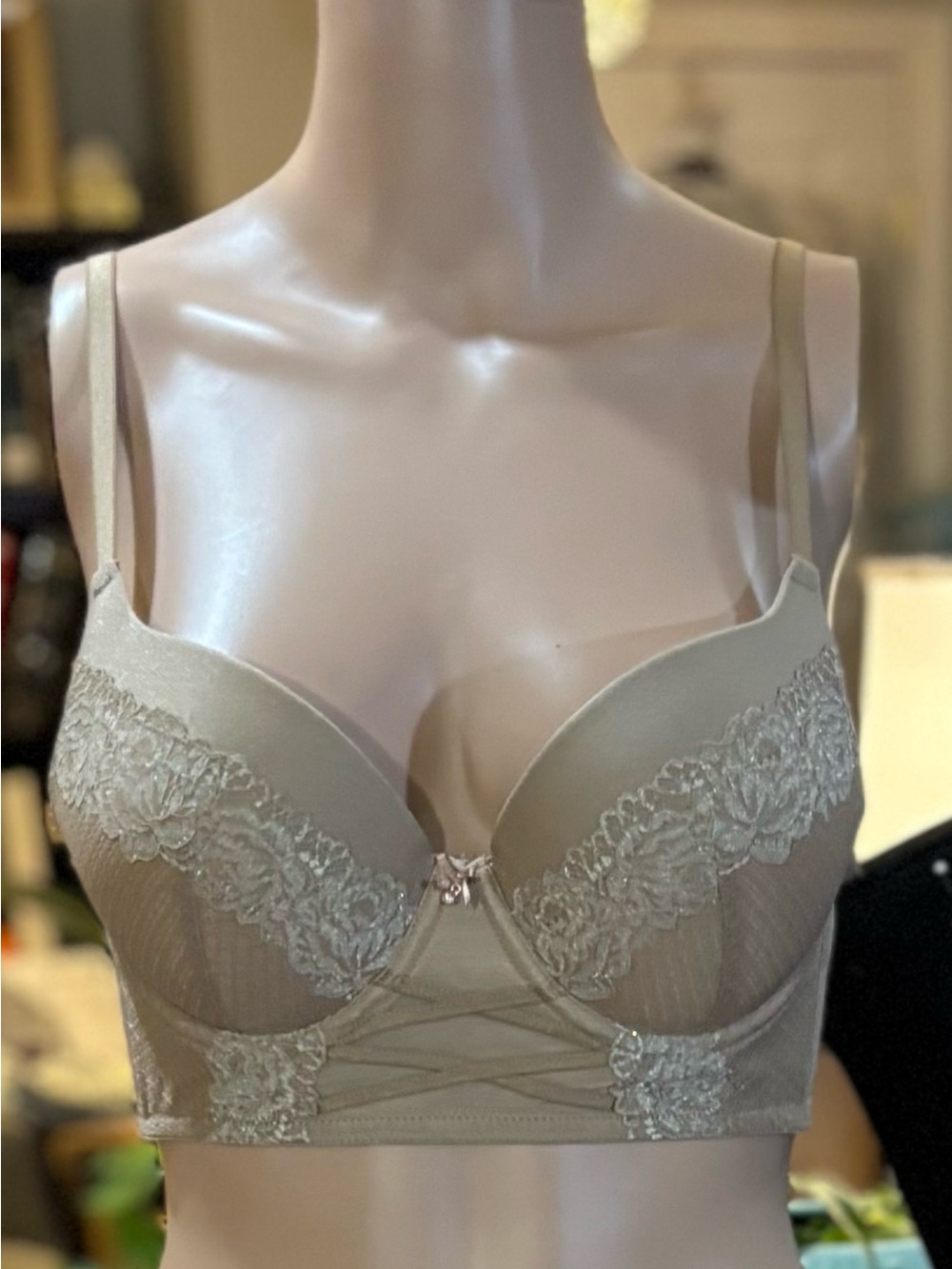 Lace-Trim Longline Push-Up Bra in Beige